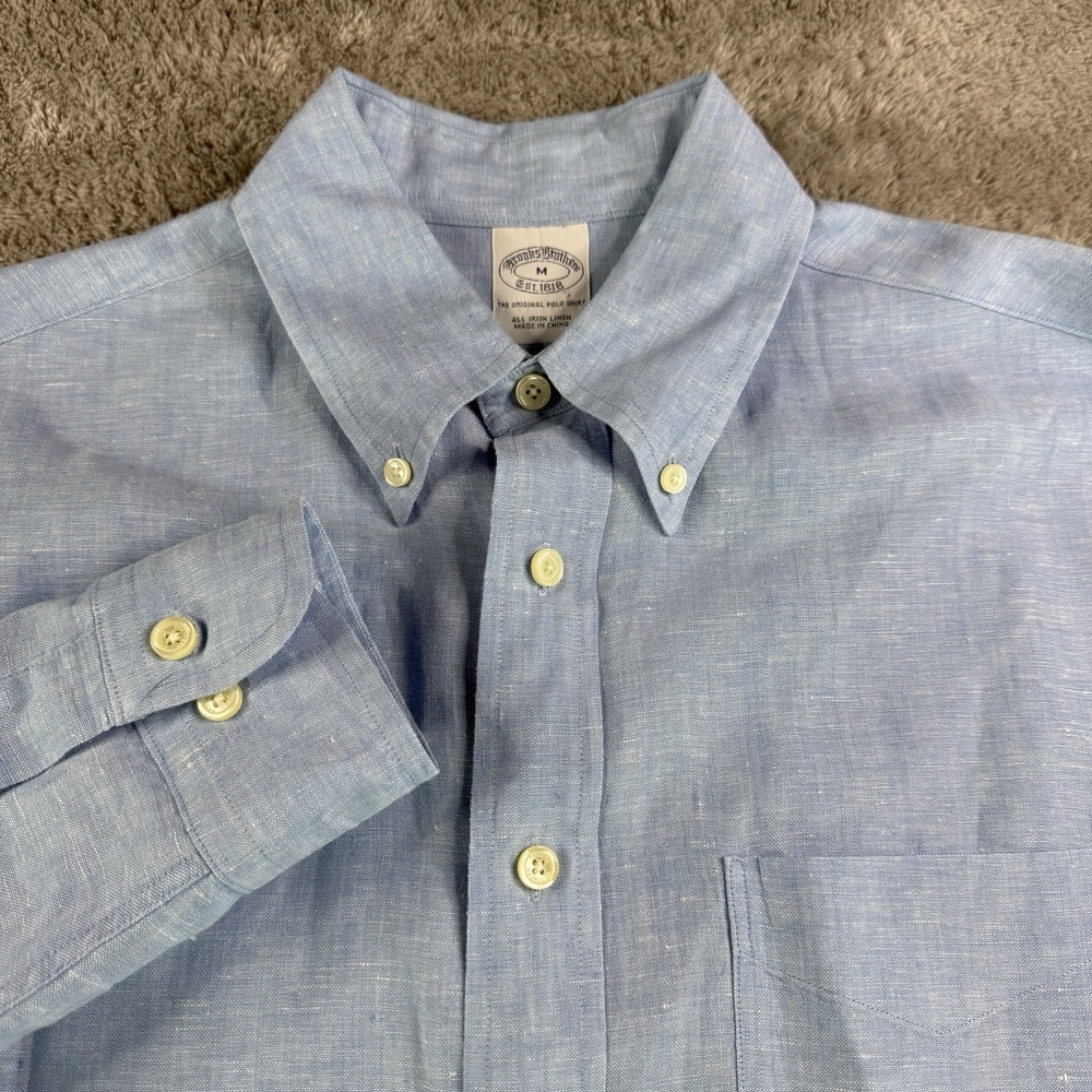 Brooks Brothers Mens M Blue 100% Irish Linen Button Down Long Sleeve Shirt 1493